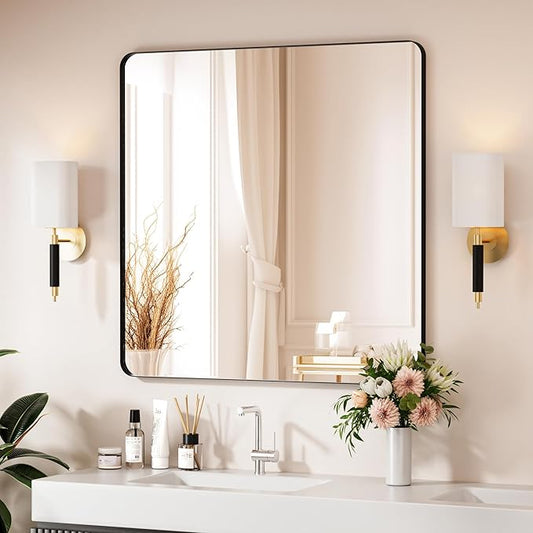 Black Bathroom Mirror 36X36 Inch Bathroom Vanity Mirror for Wall, Metal Frame Large Mirror, Tempered Glass, Modern Wall Mirror for Bathroom, Farmhouse, Horizontally or Vertically Hanging