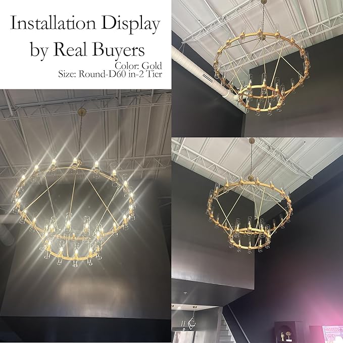 2 Tier Gold Wagon Wheel Chandelier, 60 Inch Farmhouse Chandelier with Glass Tube, 30-Light Large Round Chandeliers for Dining Room, Living Room, Bedroom and Entryway