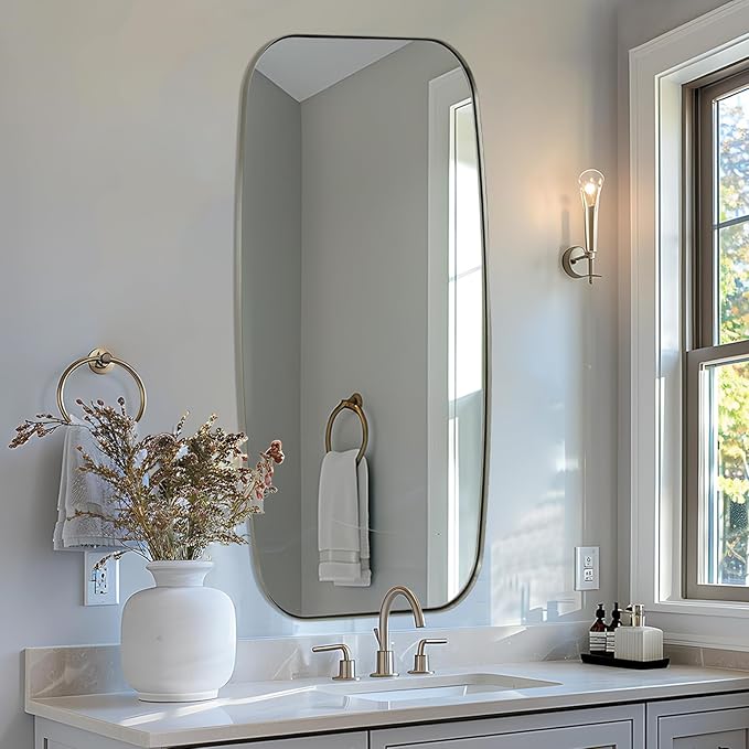 ANDY STAR Brushed Nickel Bathroom Mirror, 24x48 Oblong Mirror with Stainless Steel Metal Frame, Silver Oval Vanity Mirror for Over Sink, Modern Anti Rust Wall Mounted