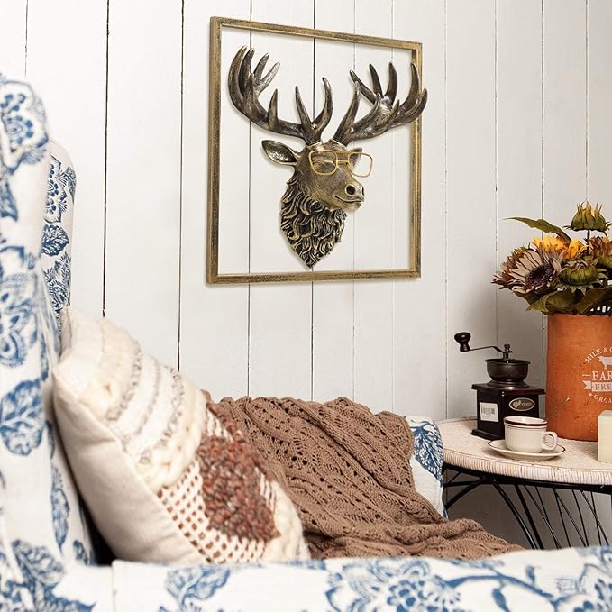 JJALIGHTS Animal Heads Wall Decor Resin Animals Sculptures Head Wall Hanging Decoration Imitation Copper vintage Wall Sculpture for Living Room Bedroom Office(Deer,include metal frames)