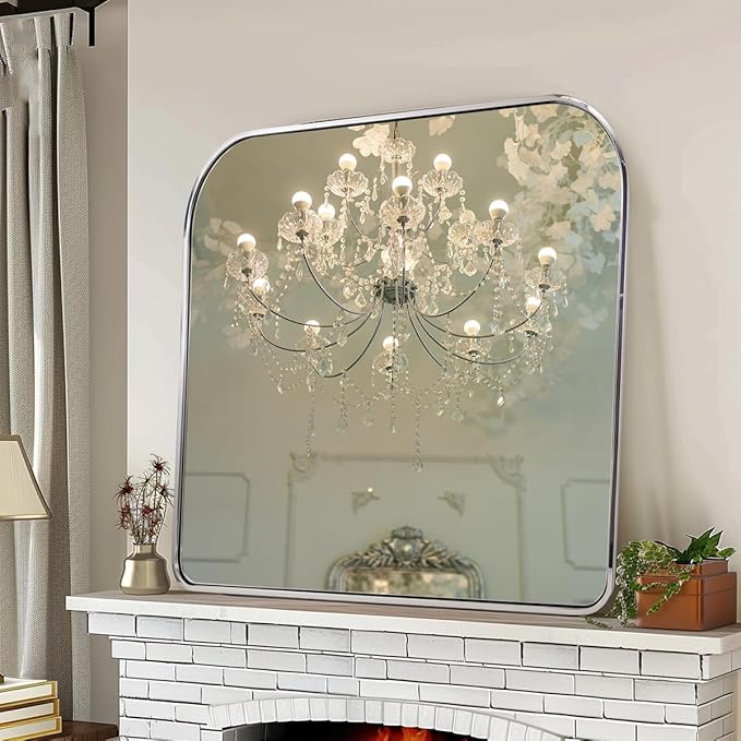 ANDY STAR Polished Chrome Arched Mirror, 36x30’’ Arch Mantel Mirror Rounded Corner for Fireplace, Bathroom, Powder Room in 1 inch Anti-Rust SUS304 Tube Metal Frame Wall Mounted