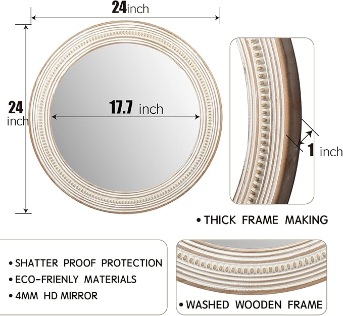 24 Inches Wood Round Mirrors for Wall Decor, Rustic Decorative Circle Mirror for Home, Office, Bedroom, Bathroom, Living Room, Entryway