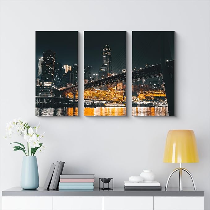 NAN Wind 3PCS Chongqing City Nightscape Canvas Wall Art Illuminated Chinese Skyline with Bridge Skyscrapers Modern Urban Landscape Photography Print for Living Room Office Bedroom Decor