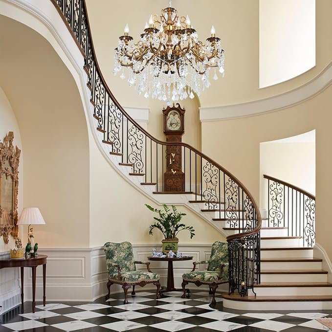 Modern Chandelier Lighting Antique Gold Crystal Chandeliers for High Ceiling Foyer Entryway Living Room 15-Light Crystal Candle Chandelier Light Fixture Staircase Oversize Round 36.4"