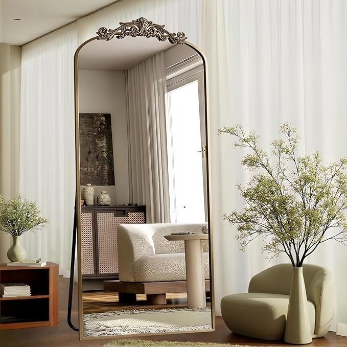 Arched Full Length Mirror, 71"x28" Full Body Mirrors with Carved, Floor Mirror for HomeDecor, Standing/Halling Large Wall Mirror for Bedroom, Living Room, Cloakroom, Bronze, Retro Style