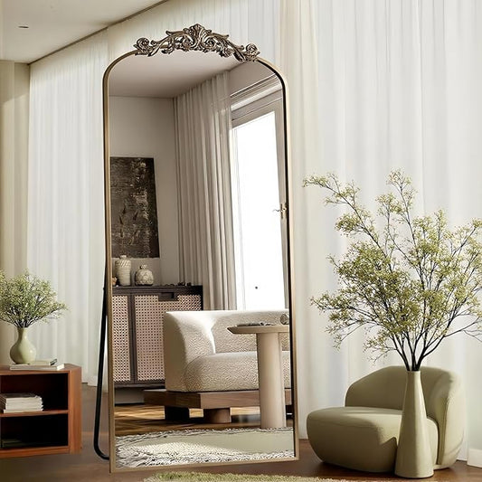 Arched Full Length Mirror, 71"x28" Full Body Mirrors with Carved, Floor Mirror for HomeDecor, Standing/Halling Large Wall Mirror for Bedroom, Living Room, Cloakroom, Bronze, Retro Style