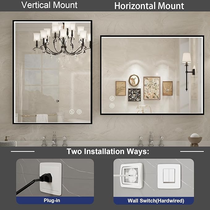 24x32 Inch LED Bathroom Mirror with Lights, Black Metal Frame Mirror, Wall Mounted Lighted Vanity Mirrors