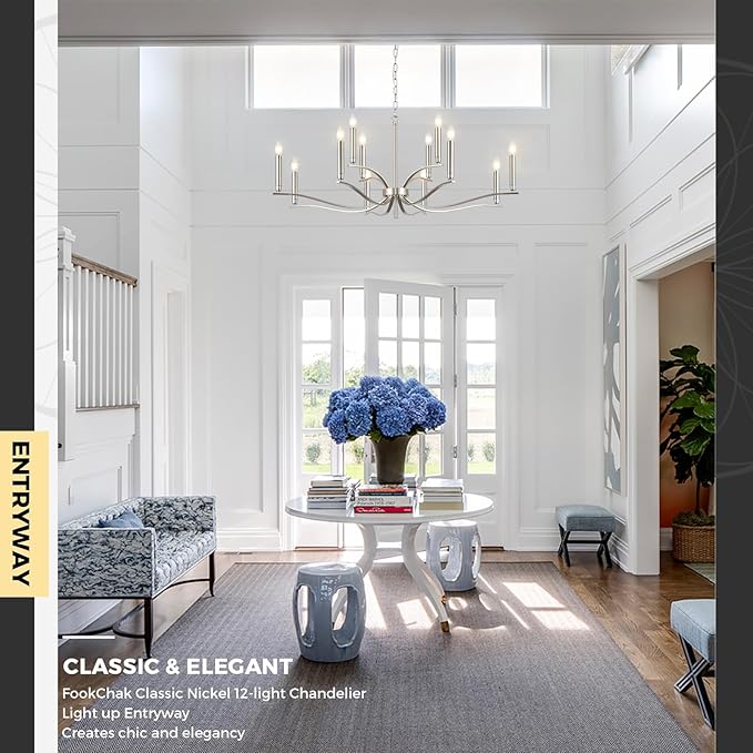 12 Light Nickel Living Room Chandelier High Ceiling Foyer Candle Chandelier Large Modern 44in Metal Chandeliers Hanging Light for Master Bedroom Dining Room Light Fixture Over Table