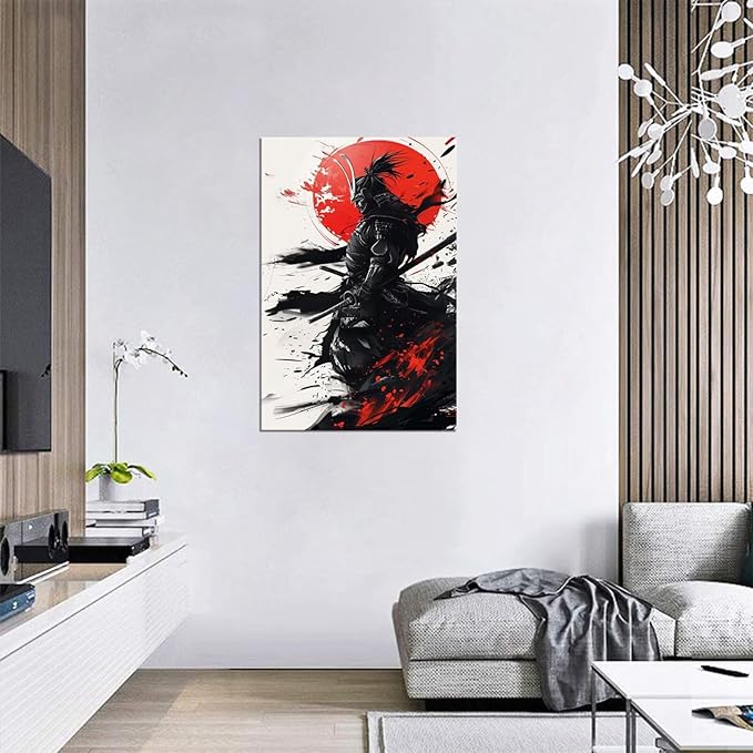 Japanese Samurai Wall Art Warrior Pictures Wall Decor Armored Samurai Painting Canvas Prints Bushido Poster Artwork Modern Home Decor Framed for Bedroom Living Room Office (18''W x 24''H)