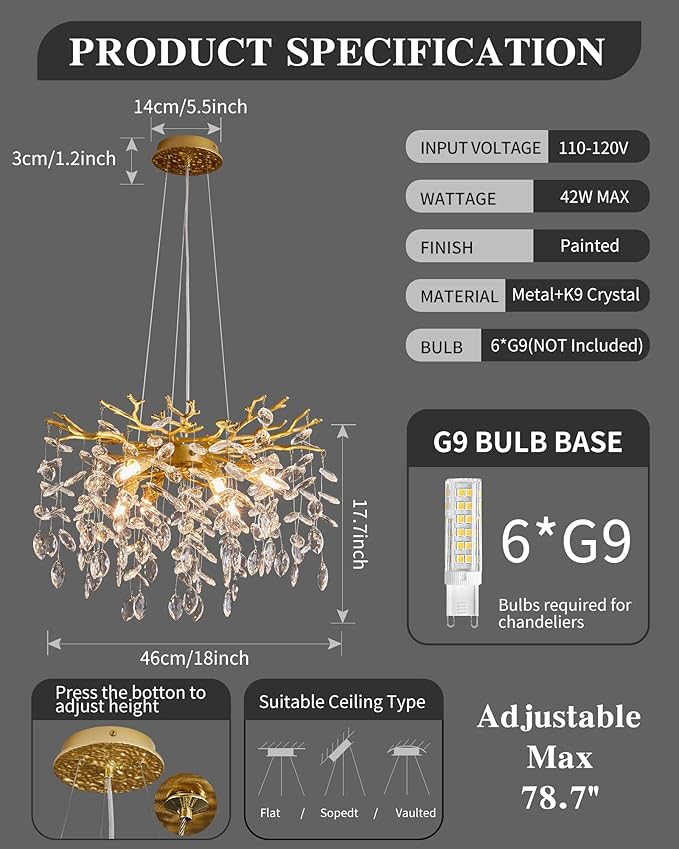 Modern Tree Branch Crystal Chandelier Luxury Gold Crystal Pendant Lighting 18" Contemporary 6-Light Chandeliers for Dining Room Kitchen Bedroom Living Room