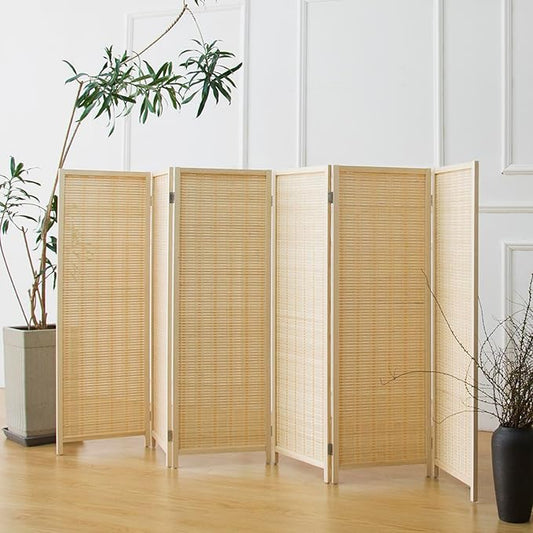6 Panel Room Divider Short Folding Screen Divider,Double Sided Bamboo Panel Divider for Room Separation,Beige,47.2" H x 92.1" W