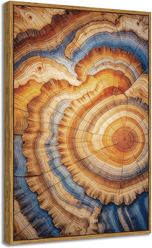 BingruiArt Large Framed Tree Ring Wall Art Wood Canvas Colorful Boho Wall Decor Rustic Artwork Abstract Painting Farmhouse Picture Nature Print for Living Room Bedroom Bathroom 24"x36" Natural Framed(09)