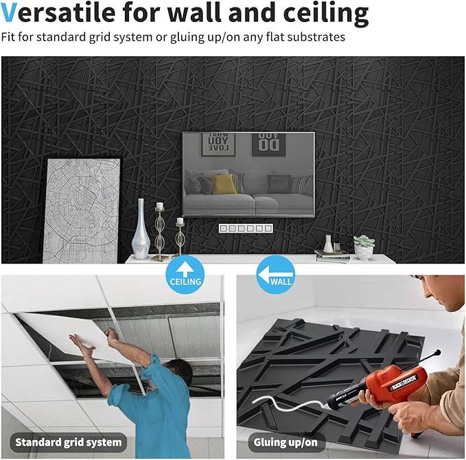 Art3d 19.7" x 19.7" (Pack Of 12) Wall Panel Stripes , Black