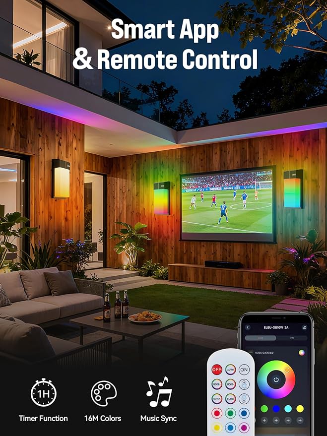 Outdoor Wall Lights 2 Pack, Smart LED RGBICWW Porch Lights Outdoor, Modern 1500LM Exterior Lighting Fixtures, IP65 Waterproof Color-Changing Wall Lamp for House, Patio, Garage, Yard