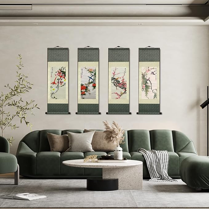 AtfArt Wall Art 4 Pack Asian Decor Birds & Flowers Silk Scroll Painting (36.2 x 12 in) - Chinese Art Wall Hanging, Fade-Resistant, Home Office