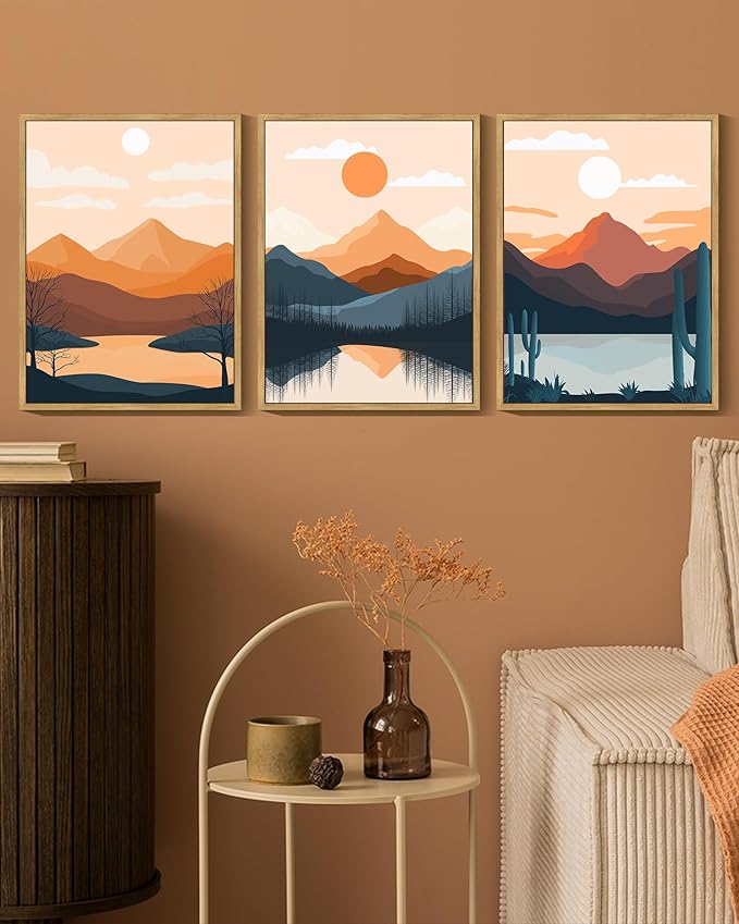 KUVIOKE Watercolor Landscape Framed Wall Art Nature Mountain Painting Sun Rises Boho Farmhouse Rustic Home Decor 12x16in (Natural Framed)