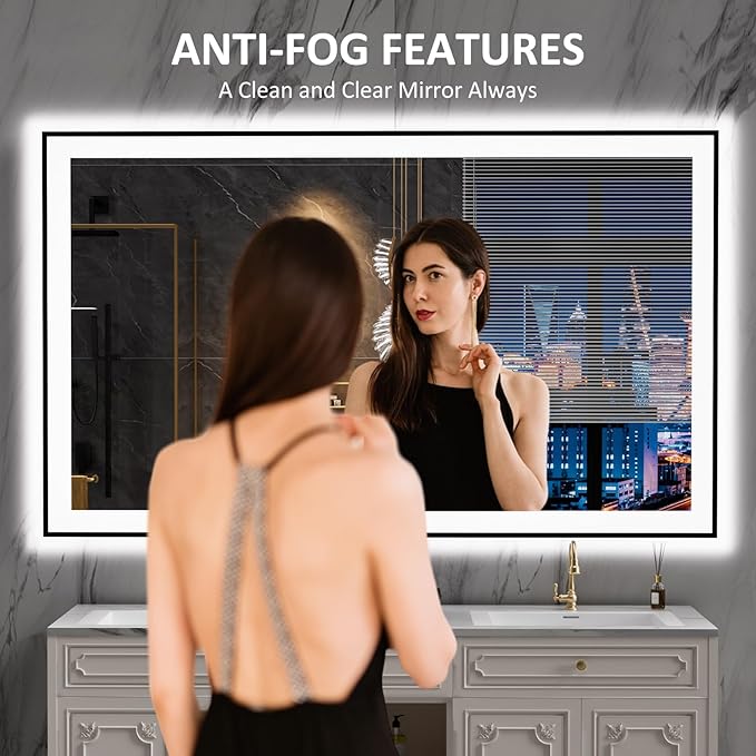 LOAAO 60"X36" LED Bathroom Mirror Black Framed, Anti-Fog, Dimmable, Lighted Bathroom Vanity Mirror for Wall, Memory Function, Tempered Glass