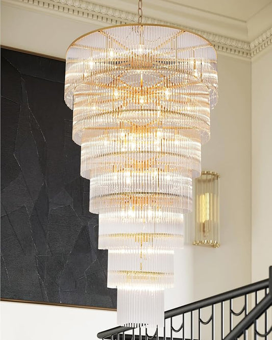 Large Gold Chandeliers H68 Modern High Ceiling Chandelier 7-Tier Glass Chandelier Foyer Entryway Ceiling Light Fixture for Staircase Grand Living Room Entry Extra Long