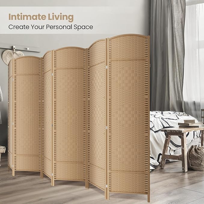 6 Panel Room Divider,6Ft Folding Privacy Screen,Tall - Extra Wide Foldable Panel Partition Wall Divider with Diamond Double-Weaved Hand-Woven Design Room Screen Divider