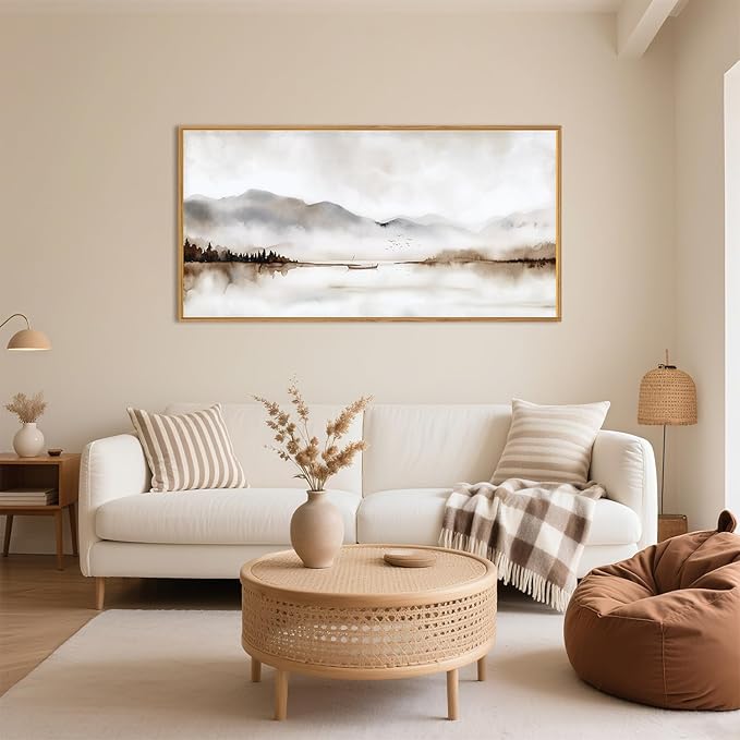 Neutral Abstract Mountain Framed Canvas Print Wall Art Set,Watercolor Beige and Gray Landscape Wall Decor,Modern Minimalist Nature Artwork for Living Room,Bedroom-20 x40