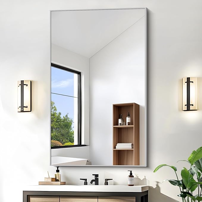 KOCUUY Silver Bathroom Mirror, 48"x30" Rectangle Bathroom Mirror for Wall, HD Tempered Glass, Anti-Rust Brushed Silver Frame, Modern Design for Bathroom, Bedroom, Living Room, Entryway.