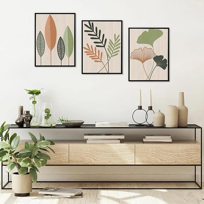 LHIUEM Framed Botanical Wall Art Leaf Art Pieces Zen Canvas Wall Art Set of 3(12”X16”) Boho Bedroom Wall Decor Sage Green Pictures Unique Plants Prints Colorful Modern Artworks for Living Room Office