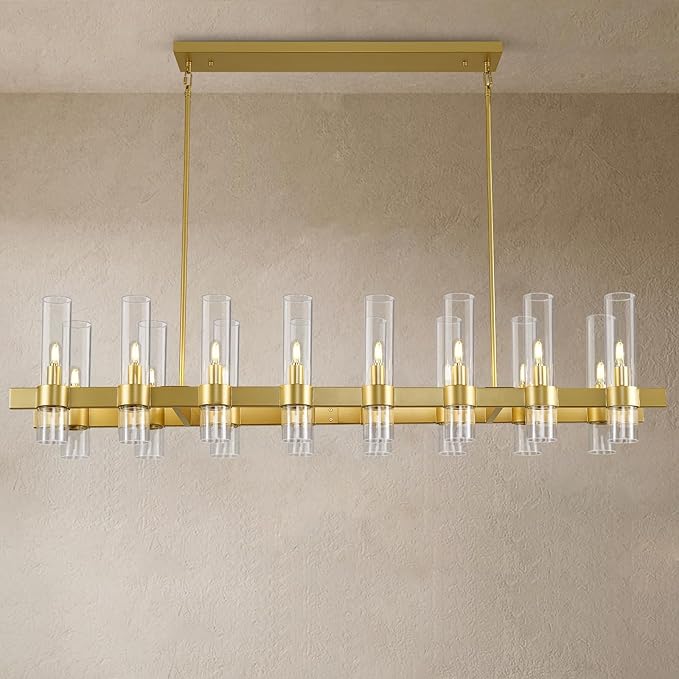 Modern Gold Linear Chandelier for Dining Room, 54'' Rectangular Dining Chandeliers Over Dining Table 16 Light, Linear Chandelier Lighting Fixture with Glass over Kitchen Island, Includes Bulbs