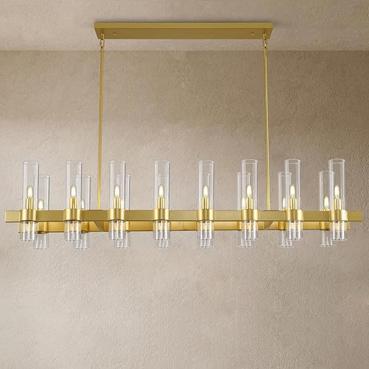 Modern Gold Linear Chandelier for Dining Room, 54'' Rectangular Dining Chandeliers Over Dining Table 16 Light, Linear Chandelier Lighting Fixture with Glass over Kitchen Island, Includes Bulbs