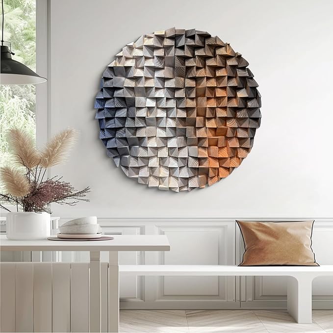 LIUZEYUE - 3D wooden block painting gradient coffee white art background wall wooden block abstract geometric wall decoration living room/bedroom/office modern minimalist style decoration Diameter 59"