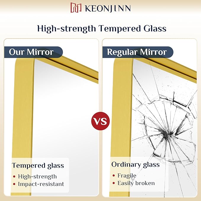 Keonjinn Gold Bathroom Mirrors for Over Sink, 32” x 36” Rounded Rectangle Brushed Gold Vanity Mirror, Anti-Rust Brass Mirror with HD Tempered Glass, Decorative Farmhouse Mirrors, Horizontal/Vertical