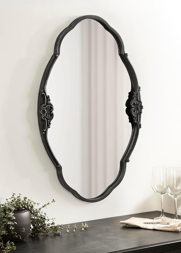 Kate and Laurel Novella Vintage Glam Ornate Mirror; 30 x 18; Black; Traditional Baroque Wall Mirror for Use as Decorative Bathroom Mirror or Fireplace Mantel Mirror