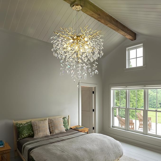 24 inch Crystal Chandelier for Dining Room, Round Gold Tree Branches Chandeliers, Top K9 Crystal Chandelier, Modern Chandeliers for Kitchen,Foyer Entryway,Luxury Adjustable Hanging Chandeliers