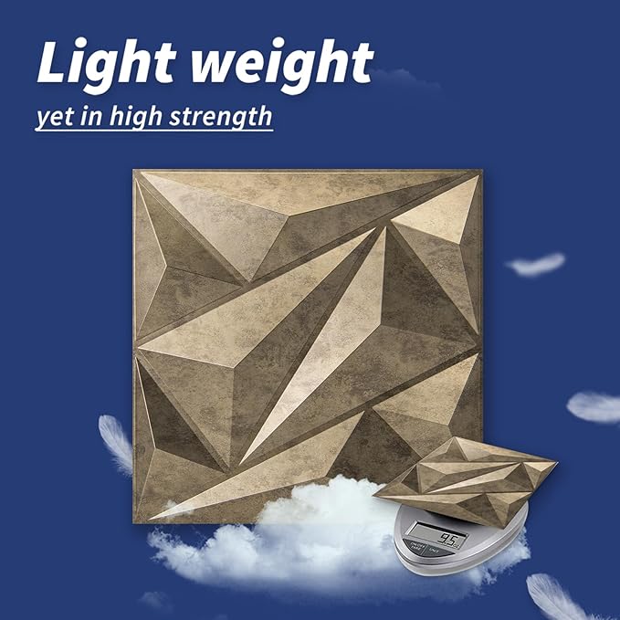 Art3dwallpanels PVC 3D Wall Panel Diamond for Interior Wall Décor, Wall Decor PVC Panel, 3D Textured Wall Panels, Pack of 12 Tiles, Antique Gold