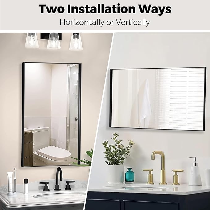 20x36 Inch Black Bathroom Mirror for Wall, Aluminum Frame Rectangle Rectangular Vanity Mirror, Modern Large for Bedroom, Living Room, Horizontal or Vertical