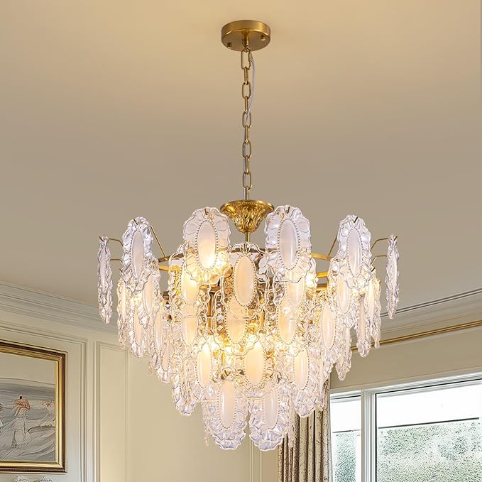 7PM Modern Gold Glass Chandelier, 5-Layer Antique Crystal Chandeliers 12 Light Round Pendant Ceiling Fixture 59" Hanging Adjustable Chain for Foyer, Living Room, Bedroom, Dining Room 27.5 inch