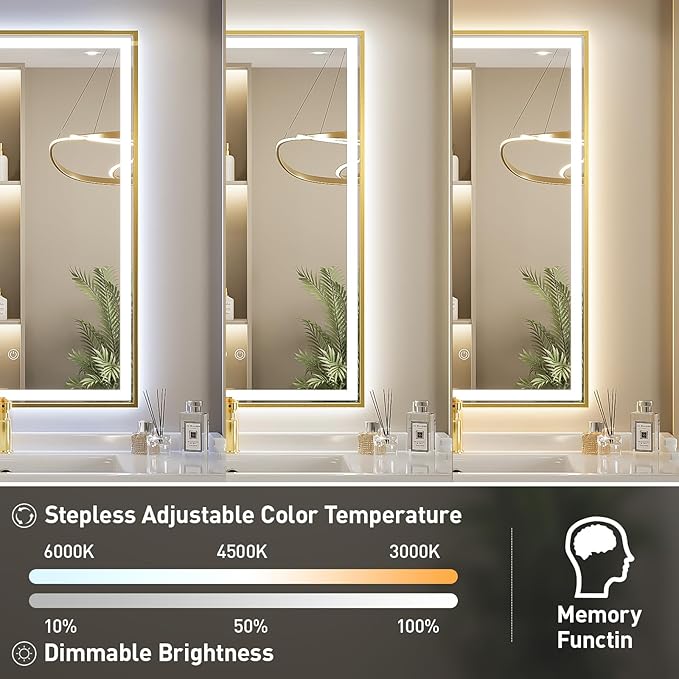 24X36 Inch Led Bathroom Mirror,Frontlit & Backlit Lighted Mirror,Gold Metal Frame Vanity Mirror for Wall,Double Lights Strips,Anti Fog Stepless 3 Colors Temperature & Dimmable