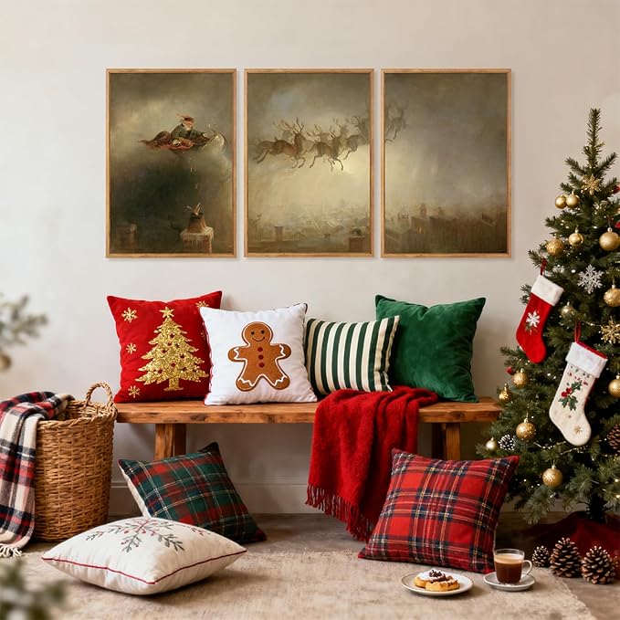 Aurlan Vintage Santa's Sleigh Rides Framed Wall Art(16"x24"), 3PCS Mid Century Modern Moody Black Christmas Eve Santa Claus with Reindeer Sleigh Canvas Artwork, Neutral Abstract Xmas Winter Holiday Gift Decor for Home Office Bedroom