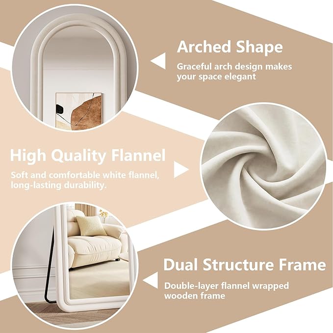 71"x32" Flannel Full Length Mirror, Arched Mirrors Full Length with Stand, Flannel Floor Mirror for Bedroom and Living Room, Full Body Mirror Hanging or Leaning, White