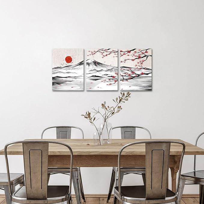 LyerArtork 3 Pieces Japanese Cherry Blossom Mount Fuji Canvas Wall Art Black White Pink Floral Wash Painting Wall Decor for Living Room Bedroom 12"x16"x3pcs