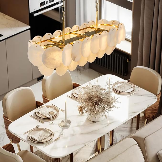 Alabaster Rectangle Chandelier, L39.4'' Natural Spanish Marble Stone Textur Chandeliers, 11-Light Dimmable Chandelier Over Table for Kitchen Island, Living Room, Hallway- Modern Luxury Lighting