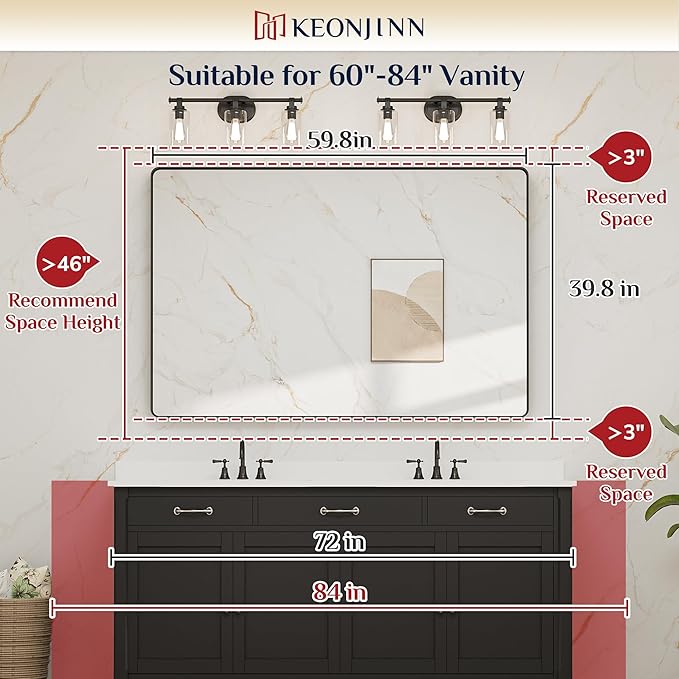 Keonjinn Black Bathroom Mirror for Over Sink, 60 x 40 Inch Large Rounded Rectangle Bathroom Vanity Mirror, Matte Black Farmhouse Wall Mirror, HD Tempered Glass, Seamless Aluminum Alloy Frame Mirror