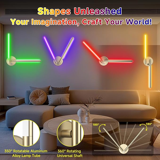Battery Operated Wall Sconce Set of Two:Wireless Magnetic Wall Lights with Remote, 360°DIY Rotatable 5CCT Dimmable with Timer,,RGB Cordless Wall Gold Sconces Decor for Vanity Bedroom Hallway10000mAh