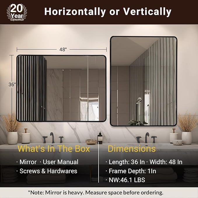 ANDY STAR 48X36 Inch Black Bathroom Mirror, Matte Black Vanity Mirrors for Wall, Rounded Rectangle Mirror for Bathroom, Seamless Tube Metal Frame, 1’’ Deep Wall Mounted Vertical/Horizontal