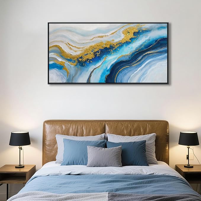 Abstract Canvas Blue Wall Art for Living Room - Modern Gold Wall Art, Office Wall Decor, Above Bed Wall Decor, Large Pictures for Bedroom Framed Artwork for Walls 20×40IN