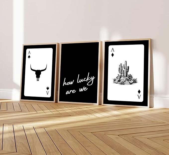 3Pcs Black and White Western Wall Art Country Southwest Canvas Poster Vintage Poker Ace Picture Cactus Bull Skull and How Lucky We Are Painting for Bedroom Living Room 12x16in Unframed