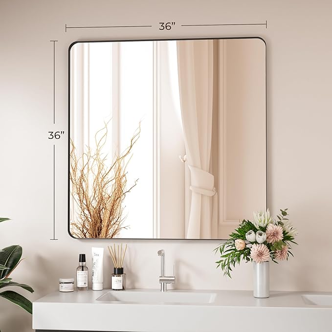Black Bathroom Mirror 36X36 Inch Bathroom Vanity Mirror for Wall, Metal Frame Large Mirror, Tempered Glass, Modern Wall Mirror for Bathroom, Farmhouse, Horizontally or Vertically Hanging