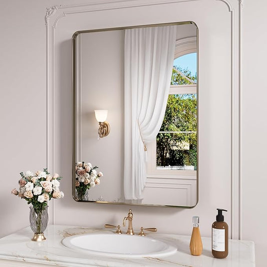Bronze Bathroom Mirror 20x30 Inch, Brushed Bronze Metal Frame Mirror for Wall, Rounded Rectangle Bathroom Vanity Mirror with Tempered Glass, Anti-Rust, Horizontal/Vertical