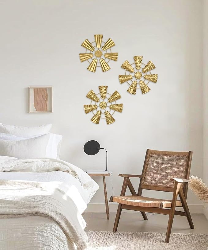 Briful 12" Wall Décor Pack of 3 Metal Gold Windmill Radial Plate Wall Art Modern Accent Hanging Wall Decorations For Home Office Living Room Wall Sculptures
