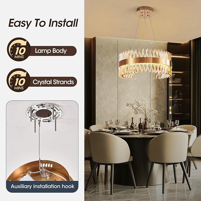 Modern Gold Chandeliers, 24" LED Dining Room Light 60W Dimmable Luxury Crystal Round Chandelier for Kitchen Island Bedroom Foyer Entryway Living Room, Brass