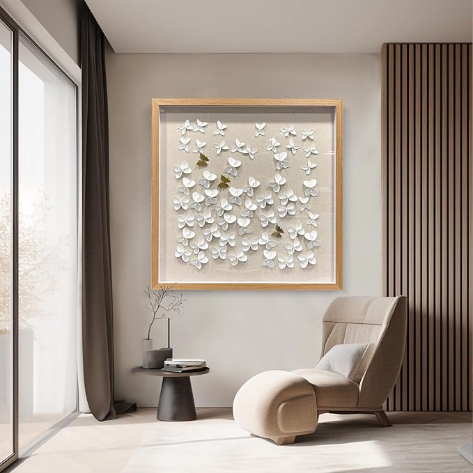 BrightA3D Textured wall decorations, leather and metal-tinged golden and white metal butterfly wall sculptures, large artworks, gradient colors, modern artworks, suitable for decoration in living rooms and bedrooms. 31.5"x31.5"